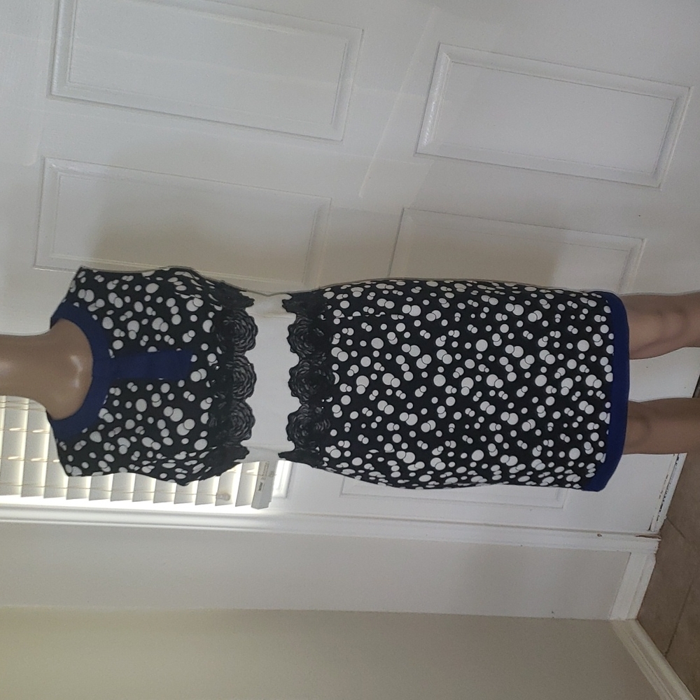 Les Amis euro40 unique pencil dress adorned black shimmery roses polka dots tie